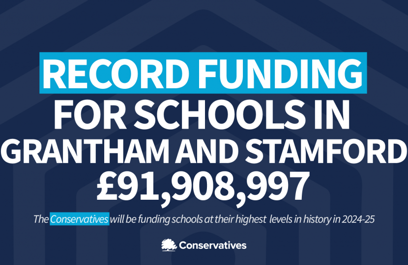 Graphic reading: Record funding for schools in Grantham and Stamford £91,908,997