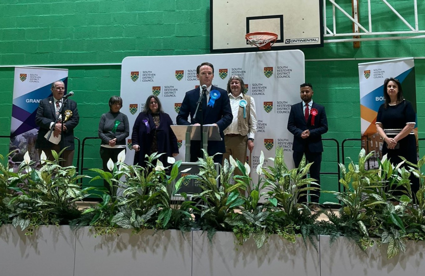 Gareth Davies MP giving his acceptance speech at the count for Grantham & Bourne