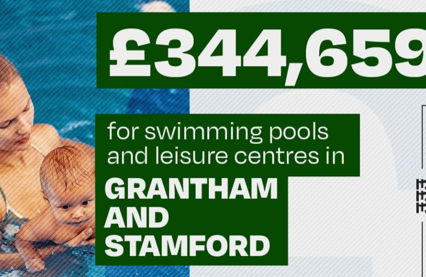 Graphic with pool as background - reading £344,659 for swimming pools and leisure centres in Grantham and Stamford