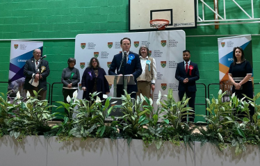 Gareth Davies MP giving his acceptance speech at the count for Grantham & Bourne