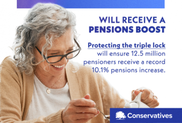 Pensioner with a text background summarising the state pension increase